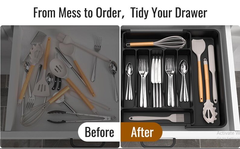 Puede incluir: Comparaci&oacute;n del antes y el despu&eacute;s de un caj&oacute;n de cocina. A la izquierda, un caj&oacute;n desordenado con utensilios, a la derecha, un caj&oacute;n organizado con cubiertos y herramientas de cocina. El texto dice: "Del desorden al orden, ordena tu caj&oacute;n."