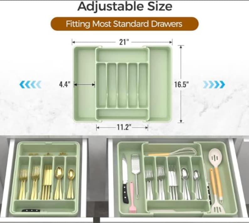 Organizador de cubiertos expandible / Bandeja grande para utensilios sin BPA / Soporte ajustable para cubiertos de cocina Green