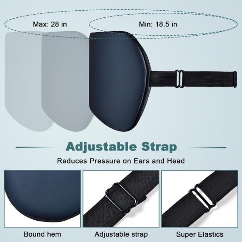 Peut inclure: Un masque de sommeil bleu marine avec une sangle r&eacute;glable, avec un ourlet cousu et des &eacute;lastiques. La longueur maximale du masque est de 71 cm, et la longueur minimale est de 47 cm. Le texte indique "Adjustable Strap" et "Reduces Pressure on Ears and Head."
