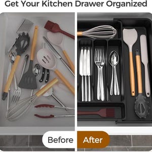 Puede incluir: Un organizador de cajones de cocina con utensilios. El lado izquierdo muestra un caj&oacute;n desordenado con varias herramientas de cocina. El lado derecho muestra el mismo caj&oacute;n, bien organizado con un organizador negro, mostrando cubiertos y utensilios de cocina.