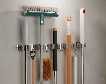Heavy Duty Broom Holder Wall Mount, 5 Racks 4 Hooks, Stainless Steel Mop & Tool Organizer