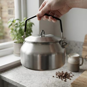 May include: A brushed stainless steel kettle with a rounded body, a flat lid featuring a small vertical handle, and a black-coated metal swing handle. The kettle has a short, integrated spout on the side and a smooth, metallic finish throughout.