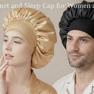 May include: A woman wearing a gold silk bonnet and a man wearing a black silk sleep cap. The image includes the text "Silk Bonnet and Sleep Cap for Women and Men". Both caps have a gathered design.