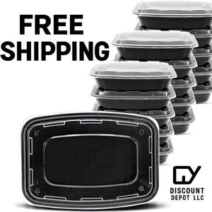 May include: Black rectangular food storage containers with clear lids are stacked in a diagonal arrangement. The text "FREE SHIPPING" is in large, bold, black letters. The Discount Depot LLC logo is in the lower right corner.