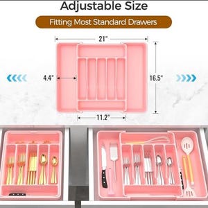 Organizador de cubiertos expandible / Bandeja grande para utensilios sin BPA / Soporte ajustable para cubiertos de cocina Pink