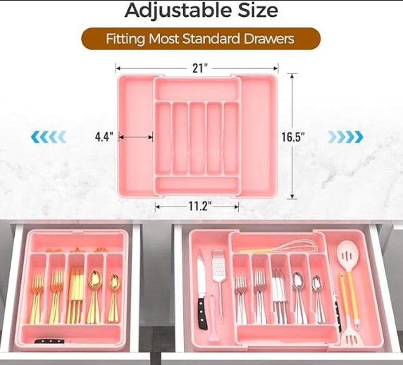Organizador de cubiertos expandible / Bandeja grande para utensilios sin BPA / Soporte ajustable para cubiertos de cocina Pink