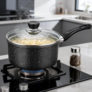 May include: A speckled black cooking pot with a glass lid, filled with boiling noodles. The pot sits on a gas stove with a blue flame. A small glass pepper shaker is next to the pot. The handle of the pot is black.
