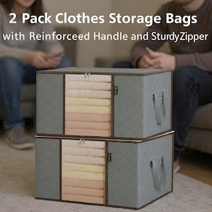 2 Pack Clothes Storage Bags with Reinforced Handle, Sturdy Zipper for Blanket, Comforter, Pillow, Bedding