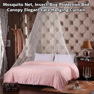 May include: A bed with a pink comforter and white pillows is draped with a white mosquito net. The text at the top reads: Mosquito Net, Insect Bug Protection Bed Canopy Elegant Lace Hanging Curtain.