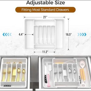 Organizador de cubiertos expandible / Bandeja grande para utensilios sin BPA / Soporte ajustable para cubiertos de cocina White
