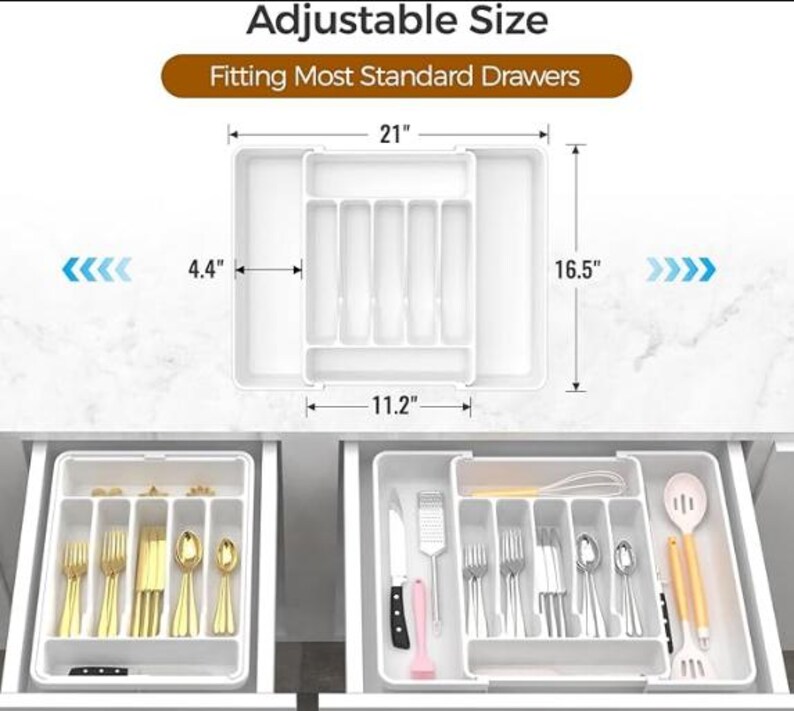 Organizador de cubiertos expandible / Bandeja grande para utensilios sin BPA / Soporte ajustable para cubiertos de cocina White