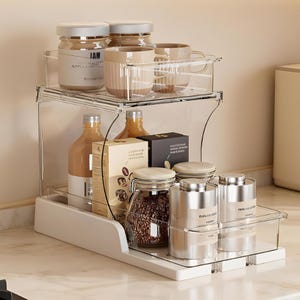 Bathroom & Kitchen Storage Organiser– 2-Tier Clear Pull-Out Rack for Cabinet, Vanity, Pantry and Counter-top