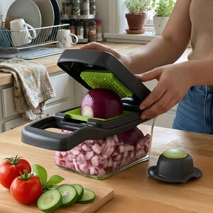 May include: A dark gray and lime green vegetable chopper with a clear plastic container filled with diced red onion. The device features a hinged lid with a green grid press and a separate dark gray and lime green circular food pusher tool.