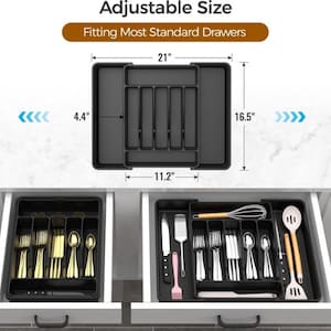 Puede incluir: Organizador de cajones negro ajustable, que se adapta a la mayor&iacute;a de los cajones est&aacute;ndar. El organizador mide 53.3 cm de largo, 41.9 cm de ancho y 11.2 cm de alto. La imagen muestra el organizador con cubiertos en los cajones.