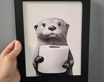 Funny Otter Toilet Paper Canvas Art, Rustic Farmhouse Bathroom Wall Decor, Framed 10x8 Print