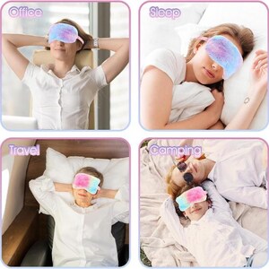 Peut inclure: Quatre images pr&eacute;sentant des personnes portant des masques de sommeil color&eacute;s dans diff&eacute;rents contextes : bureau, sommeil, voyage et camping. Les masques sont duveteux et pr&eacute;sentent un m&eacute;lange de teintes roses, bleues et jaunes. Les images sugg&egrave;rent la d&eacute;tente et le confort.