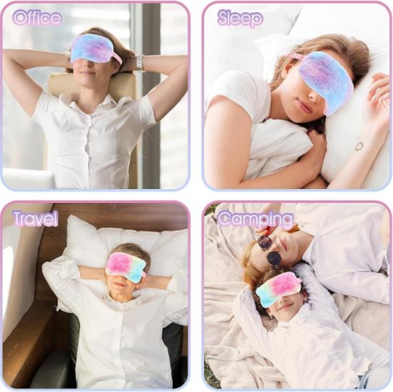 Peut inclure: Quatre images pr&eacute;sentant des personnes portant des masques de sommeil color&eacute;s dans diff&eacute;rents contextes : bureau, sommeil, voyage et camping. Les masques sont duveteux et pr&eacute;sentent un m&eacute;lange de teintes roses, bleues et jaunes. Les images sugg&egrave;rent la d&eacute;tente et le confort.