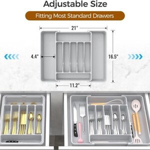 Organizador de cubiertos expandible / Bandeja grande para utensilios sin BPA / Soporte ajustable para cubiertos de cocina Gray