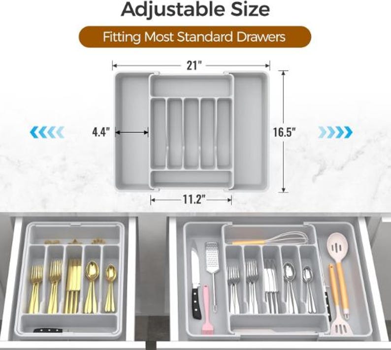 Organizador de cubiertos expandible / Bandeja grande para utensilios sin BPA / Soporte ajustable para cubiertos de cocina Gray