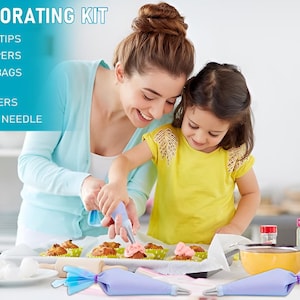 May include: A cake decorating kit with 18 stainless tips, 3 cake scrapers, pastry bags, ties, scouplers, and a scriber needle. The image shows a woman and a child decorating cupcakes with frosting. The kit includes various tools for cake decoration.