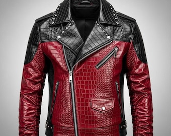 Handmade Men Leather Biker Jacket Red Black Motorcycle Leather Jacket Crocodile Embossed Slim Fit Biker Jacket Cow Leather Jacket For Men