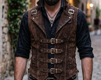 Chaleco de cuero de gamuza para hombre, chaleco de cuero marrón, chaleco de cuero con cuello alto, hebilla frontal, cordones en la espalda, chaleco gótico occidental, traje renacentista para hombre