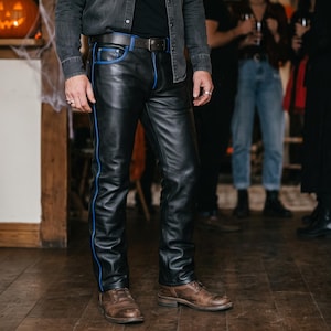 Ręcznie robione męskie spodnie ze skóry naturalnej, niebieskie, z lamówką, dopasowane, motocyklowe, z 5 kieszeniami, skórzane, jeansy, motocyklowe, gotyckie, streetwear