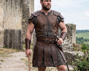 Handgemaakte lederen harnas voor heren bruin koeienhuid borstpantser en rok gladiatorkostuum LARP-outfit custom fit kostuum voor heren