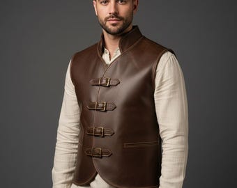 Handmade Men Leather Vest Brown Medieval Tunic High Collar Buckle Waistcoat Cowhide LARP Fantasy Cosplay Renaissance Armor Custom Fit