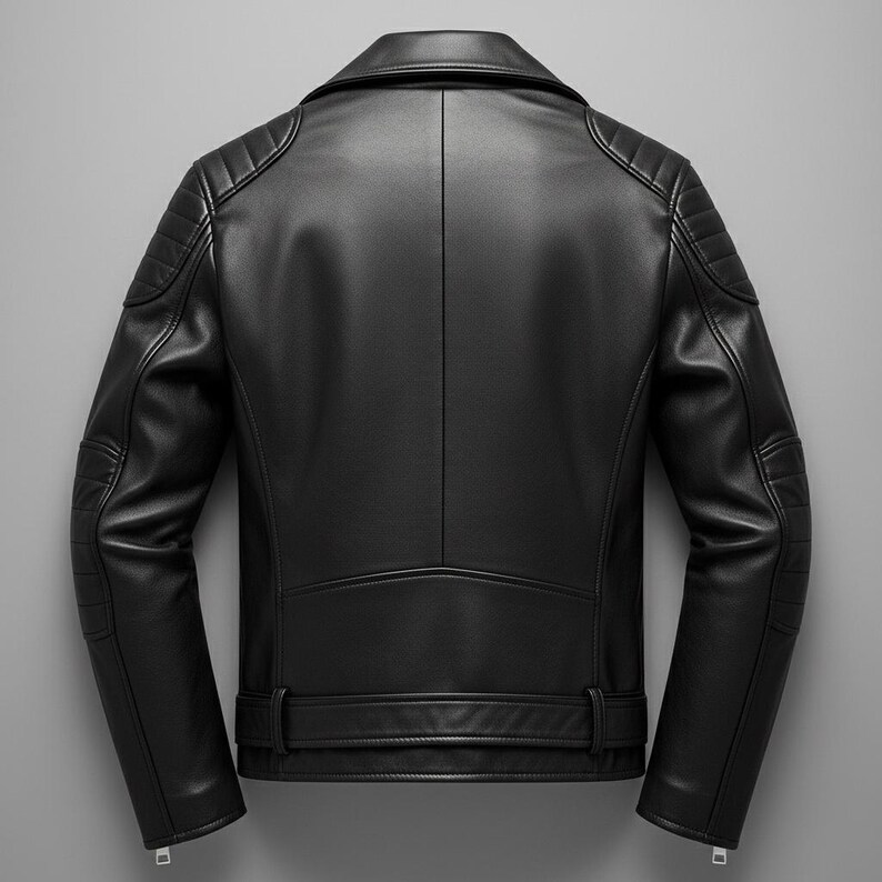 May include: Black leather jacket with a classic design. Features include a notched collar, quilted shoulder and arm details, and a belt at the waist. The jacket has a sleek, modern aesthetic.