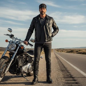 May include: A black leather motorcycle jacket with a quilted design, paired with black jeans and boots. A black motorcycle is parked on the side of a road. The person is wearing a black bandana.