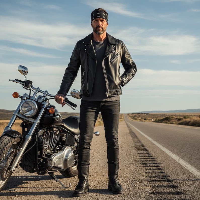 May include: A black leather motorcycle jacket with a quilted design, paired with black jeans and boots. A black motorcycle is parked on the side of a road. The person is wearing a black bandana.