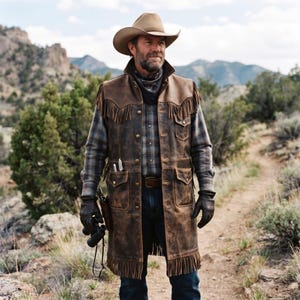 May include: A long brown leather vest featuring fringe detailing across the chest and hem, a button-front closure, and multiple utility pockets. The vest is worn over a plaid long-sleeve shirt, paired with dark denim jeans, leather gloves, and a hat.
