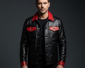 Two-Tone Black and Red Leather Tucker Jacket | Premium Cowhide Streetwear | Bold Urban Gift for Men