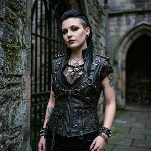 Peut inclure: Un gilet en cuir noir avec des clous et des boucles argentés. Le gilet a une finition vieillie et est porté sur un haut en dentelle noire. L'image est prise à l'extérieur, avec un mur de pierre et une porte en arrière-plan. Le gilet a des poches et une fermeture éclair.