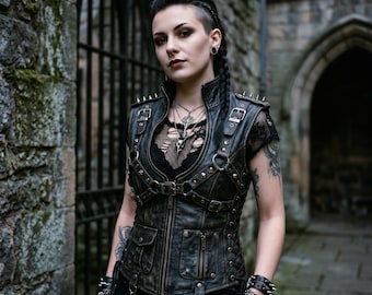 Handmade Women Leather Vest Gothic Corset Top For Women Black Cowhide Lace Up Biker Gothic Waistcoat Spiked Shoulder Punk Leather Black Vest