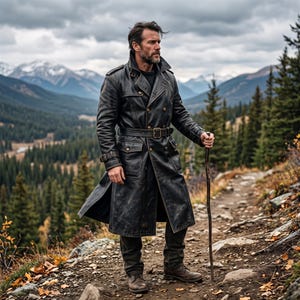 May include: A long, black leather trench coat featuring a double-breasted front, a buckled waist belt, large flap pockets, and adjustable buckled cuffs. The coat is worn over dark trousers and brown leather boots, paired with a wooden walking stick.