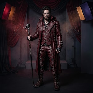 May include: A dark red leather long coat with a high collar, matching leather trousers, and a vest. The outfit features multiple buckles, straps, and silver-toned hardware. A tall staff topped with a metallic bird skull ornament is held upright.