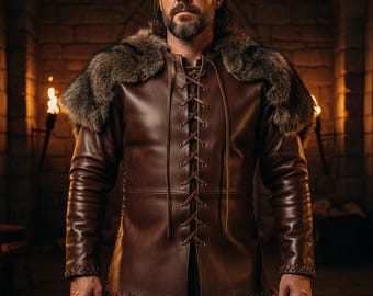 Handmade Brown Genuine Leather Fur Coat | Custom Medieval LARP Jacket | Personalized Viking Cosplay | Tailored Lace-Up Fit
