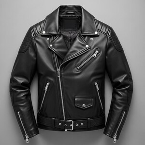 May include: Black leather jacket with a classic biker style. Features include an asymmetrical zipper closure, multiple zippered pockets, a notched collar, and a belt at the waist. The jacket has quilted shoulder and elbow details.