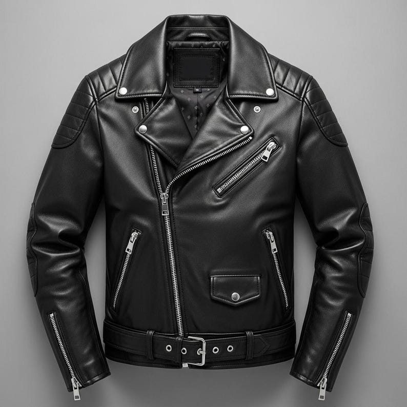 May include: Black leather jacket with a classic biker style. Features include an asymmetrical zipper closure, multiple zippered pockets, a notched collar, and a belt at the waist. The jacket has quilted shoulder and elbow details.