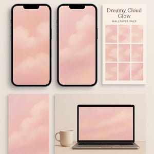 May include: A digital wallpaper pack with a dreamy cloud design. The image shows two smartphones, a laptop, and a printout, all displaying a soft pink and white cloudscape. The text "Dreamy Cloud Glow" and "12 Digital Wallpapers" are also visible.