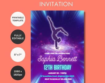 Editable Gymnastics Birthday Invitation, Neon Glow, Canva Template (Digital Download)