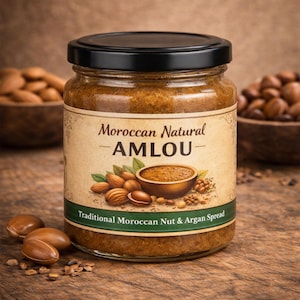 Puede incluir: Un tarro de cristal de crema de Amlou marroquí con tapa negra. La etiqueta dice "Moroccan Natural - AMLOU - Traditional Moroccan Nut & Argan Spread". Almendras y nueces de argán se representan en la etiqueta y esparcidas sobre madera.