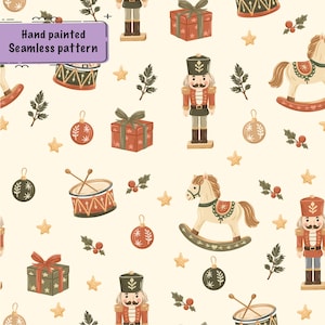 Handmålat sömlöst mönster för vintage-julnötknäppare, digitalt papper PNG JPEG för högtidsleksaker