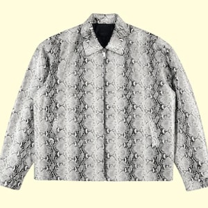 Men's White Snakeskin Leather Jacket, Python Print Biker Streetwear Style, Zip up Coat