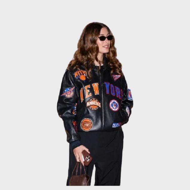 New York Leather Varsity Jacket, Embroidered Basketball Bomber Coat