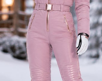 Tuta da sci rosa da donna / Tuta da neve con cappuccio in pelliccia sintetica / Tuta da neve intera