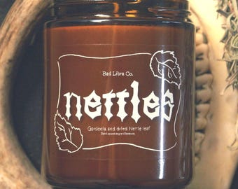 Nettles Candle - handmade Gardenia scented Nettle leaf topped eco soy candle - Ethel Cain inspired