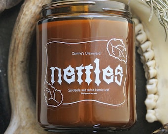 Nettles Candle - handmade Gardenia scented Nettle leaf topped eco soy candle - Ethel Cain inspired